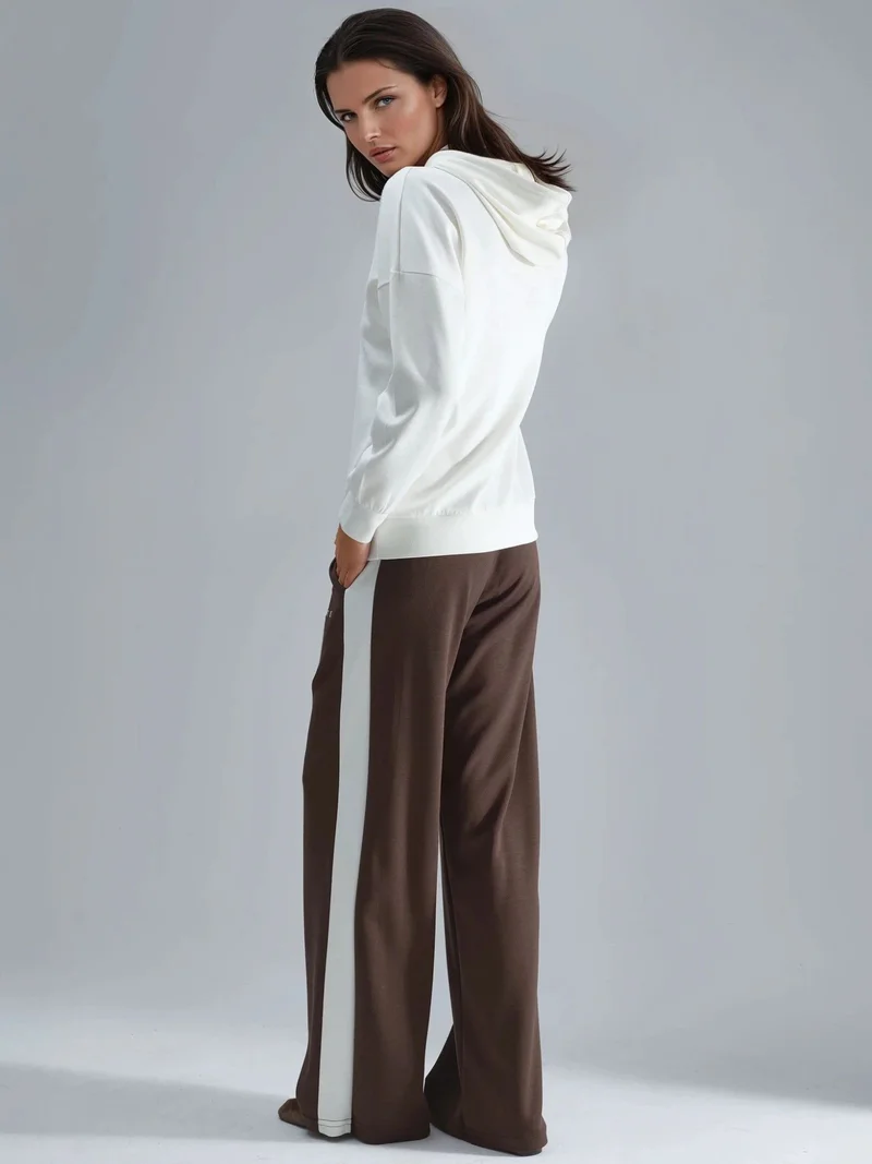 Hiccup White Modal Touch Hooded Sweatshirt & Stripe Detailed Pants Set Bersan Collection for Women | Best Price UAE